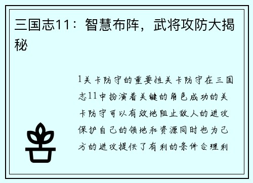 三国志11:智慧布阵,武将攻防大揭秘